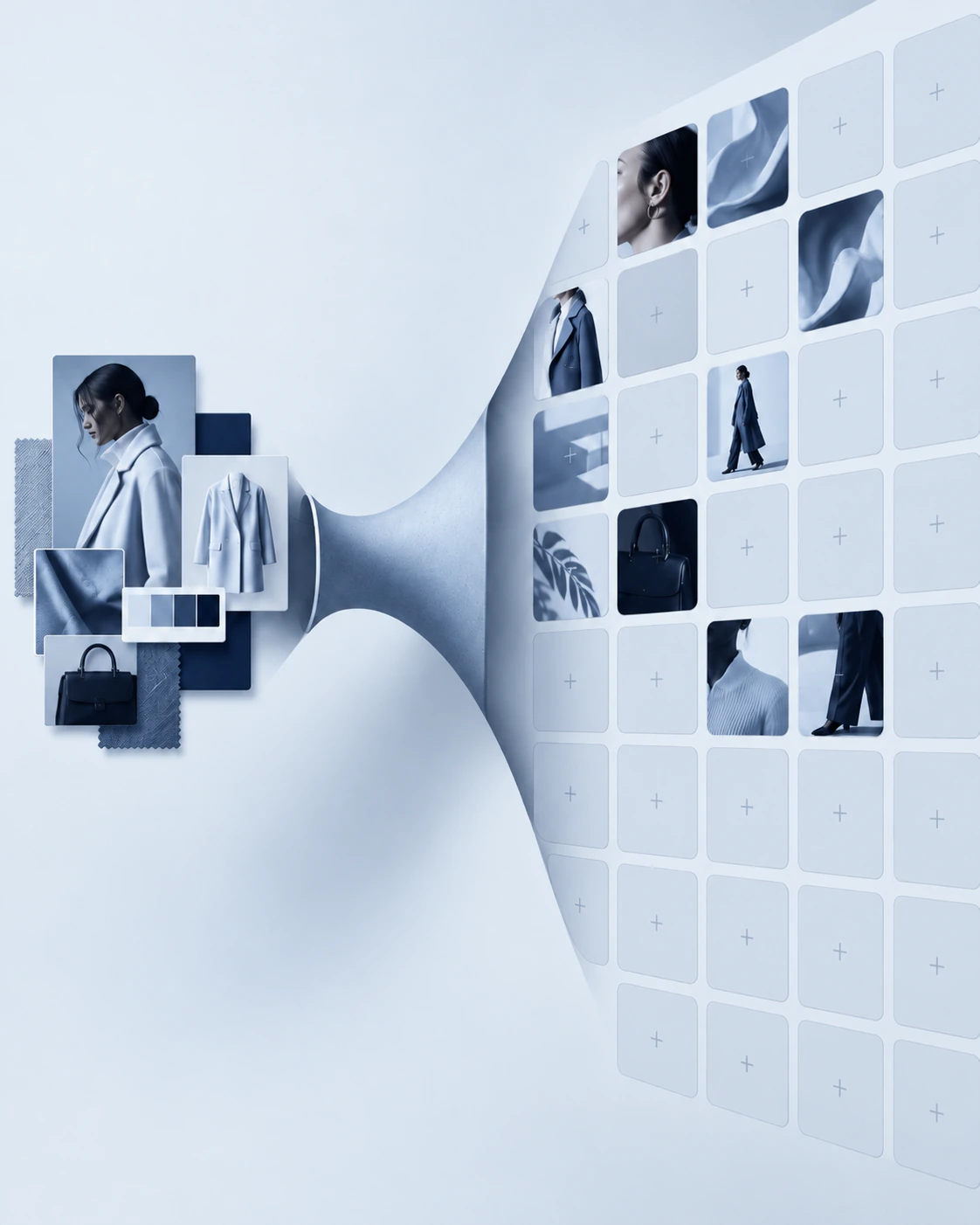 Fashion portraits, products and fabric swatches expanding into a grid of creative variations